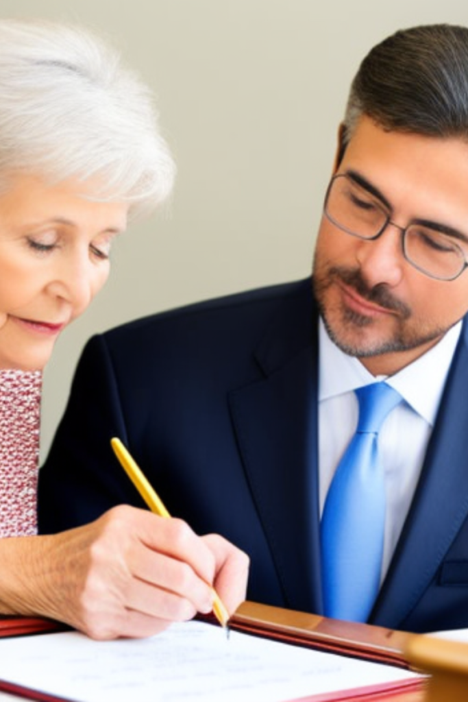 An elderly woman and a man in a business suit discussing legal documents, exemplifying the role of an executor in managing a will and the importance of legal guidance.